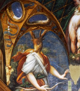 Akteon zamieniony w jelenia przez Dianę, fragment sali Diany i Akteona autorstwa Parmigianino