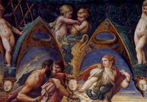 Akteon z towarzyszami, fragment z Mitu o Dianie i Akteon, ok. 1524, autorstwa Francesco Mazzoli, znanego jako Parmigianino (1503-1540), fresk, Pokój Diany i Akteona, Rocca Sanvitale, Fontanellato, niedaleko Parmy, Emilia-Romania, Włochy autorstwa Parmigianino