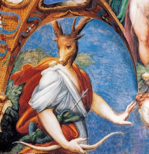 Transformacja Akteona w jelenia, z mitu o Dianie i Akteonie, ok. 1524, Francesco Mazzola znanego jako Parmigianino (1503-1540), fresk, Pokój Diany i Akteona, Rocca Sanvitale, Fontanellato, niedaleko Parmy, Emilia-Romania, Włochy autorstwa Parmigianino