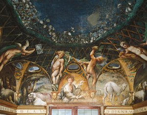 Ceres uczestnicząca w wydarzeniach w otoczeniu psów myśliwskich i cherubinów, z mitu o Dianie i Actaeon autorstwa Parmigianino