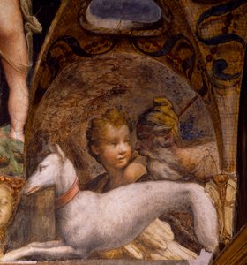 Pies i myśliwy, z mitu o Dianie i Actaeon autorstwa Parmigianino
