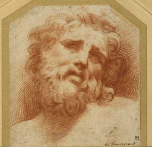 Brodata głowa, patrząca w górę (prawdopodobnie Laokoon) (czerwona kreda na białym papierze) autorstwa Parmigianino