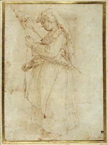 Stara kobieta z kądzielnicą, stojąca przed kominkiem (pióro i brązowy atrament na białym papierze) autorstwa Parmigianino