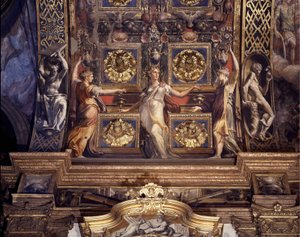Trzy z pięciu szalonych dziewic. Fragment fresków Francesco Mazzola (1503-1540) znanych jako Parmigianino (Parmezan) zdobiących główne sklepienie głównej kaplicy kościoła Madonna della Steccata w Parmie. autorstwa Parmigianino
