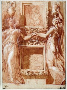 Dwa kanefory podające dłonie po obu stronach pudeł Rysunek tuszem, praniem, krwią i białymi klapami autorstwa Girolamo Francesco Maria Mazzola dit Parmigianino lub Le Parmesan