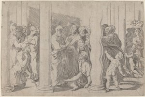 Święci Piotr i Jan uzdrawiają chromego przy Złotej Bramie autorstwa Parmigianino after Raphael