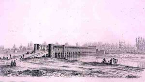 Allah Verdi Khan Bridge, w Isfahanie, z „Podróży Pittoresque” perskiej, ryty przez Claude