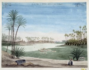 Egipt: Widok na wioskę Metriham w pobliżu Memphis. 1819 Rysunek Pascala Coste (1787-1879) Muzeum Archeologii Śródziemnomorskiej, Marsylia autorstwa Pascal Xavier (after) Coste