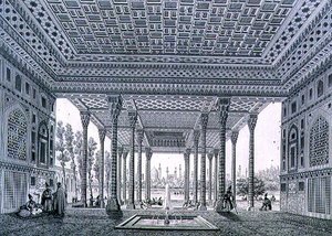 Widok wnętrza pawilonu luster, Isfahan, tablica 35 z „Współczesne zabytki Persji”, rytowana przez Claude