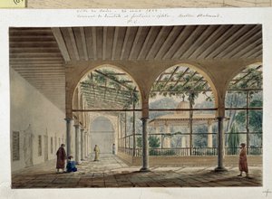 Orientalizm: klasztor derwiszów i fontanna. Rysunek Pascala Coste (1787-1879)