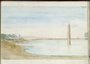 Widok na Nil i Obelisk Sesostrisa I w Heliopolis, Egipt. Akwarela Pascal Coste (1787-1879). Biblioteka Miejska Marsylii