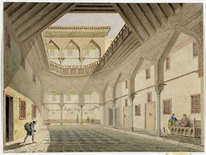 Widok wnętrza karawanseraju, w którym mieszkał Azir Osman Agha. Akwarela Pascal Coste (1787-1879) Muzeum Archeologii Śródziemnomorskiej, Marsylia