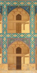 Detal arkad dziedzińca w Medrese-i-Shah-Hussein, Isfahan, płyta 26-27 z Modern Monuments of Persia, wyryte przez A. Levie, 1856 lito