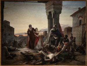 Matka Ricciardino Langosco przeszukująca zwłoki syna zabitego podczas podboju Pawii z rąk Matteo Viscontiego w 1315 r. autorstwa Pasquale Massacra