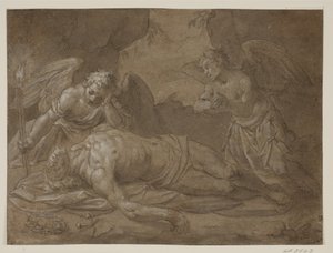 Zmarły Chrystus opłakiwany przez dwóch aniołów autorstwa Pasquale Ottino