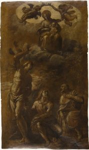 Dziewica z Dzieciątkiem w chwale ze świętymi Sebastianem, Janem Ewangelistą i Rochem, ok. 1610 (olej z grafitem (lakierowany) na kremowym papierze) autorstwa Pasquale Ottino
