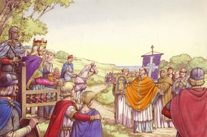 Augustyn stojący przed królem Ethelbertem i jego królową Berthą (gwasz na papierze)