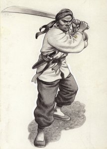 Chiński wojownik bokserski (gwasz na papierze)