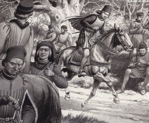 Spiskowcy patrzą, jak Lorenzo de Medici przejeżdża obok (gwasz na papierze)