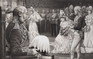 Debiutanci przedstawieni Edwardowi VII (1844-1925) i królowej Aleksandrze (1841-1910) (gwasz na papierze)