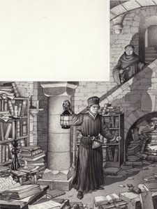 Poggio Bracciolini w zaniedbanej bibliotece klasztoru St Gall (gwasz na papierze)