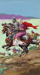 Saska księżniczka Małgorzata ucieka z rodziną ze szponów Wilhelma Zdobywcy (gwasz na papierze)