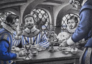 Sir Francis Drake (1540-96) przy stole (gwasz na papierze)