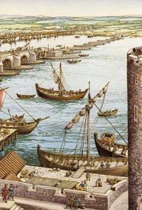 Budowa nowego mostu London Bridge (gwasz na papierze)