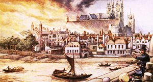 Stare Domy Parlamentu zniszczone przez pożar w 1834 r.