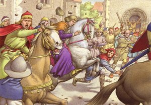 Mieszkańcy Akwitanii kamienują króla Henryka za jego brutalność (gwasz na papierze)