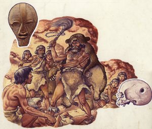 Lekarz z epoki kamienia łupanego wypędza diabła, który sprawia, że jego bliźni chorują (gwasz na papierze)