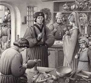 Sklep złotniczy w XV-wiecznych Włoszech (gwasz na papierze)
