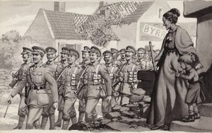 Brytyjscy żołnierze maszerują (gwasz na papierze)