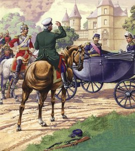 Hrabia Bismark zbliża się do powozu Napoleona III (gwasz na papierze)
