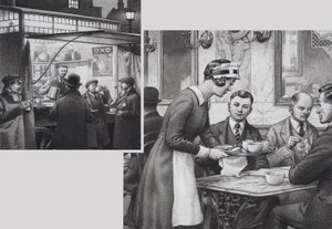 Edwardian Coffee Stall and Teashop (gwasz na papierze) autorstwa Pat (1907 95) Nicolle