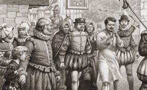 Król Francji Henryk III odbywa pokutę, spacerując ulicami Paryża we włosiennicy, podczas gdy jest biczowany (gwasz na papierze)