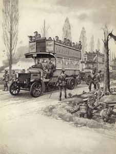 Londyńskie autobusy przewożące żołnierzy na front podczas I wojny światowej (gwasz na papierze)