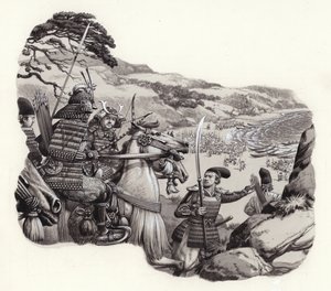 Mongołowie najeżdżają Japonię (gwasz na papierze)