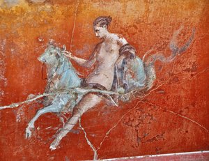 Oplontis, niedaleko Neapolu, Włochy (Napoli, Italia): malowidła ścienne w Villa Poppaea - szczegół rzymskiego fresku, mitologiczna scena porwania Europy - sztuka rzymska - Zdjęcie Patrice Cartier - autorstwa Patrice Cartier