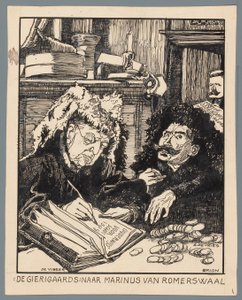 Ministrowie De Visser i Simon de Vries jako poborcy podatkowi Skąpcy: wg Marinus van Romerwaal (tytuł na obiekcie) autorstwa Patricq Kroon (signed by artist)