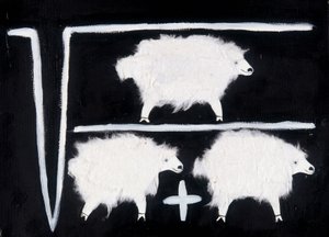 Klonowanie: Symbol matematyczny reprezentujący operacje obliczania pierwiastka kwadratowego, dzielenia i dodawania z owcą używaną jako królik doświadczalny. Kolaż z białej bawełny na czarnym tle.