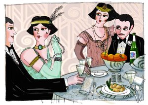Ilustracja przedstawiająca światową kolację we "Wspaniałym Gatsbym" amerykańskiego pisarza Francisa Scotta Fitzgeralda (1896-1940) (Wielki Gatsby) Rysunek Patrizia Laporta