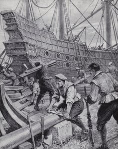 Budowa angielskiego galeonu Ark Royal, okrętu flagowego w walce z hiszpańską Armadą w 1588 roku (lito)