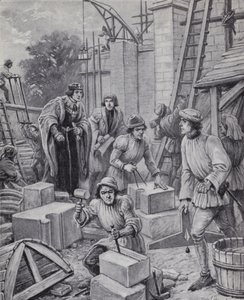Król Henryk VI nadzorujący budynek Eton College, który założył w 1440 r. (lito)