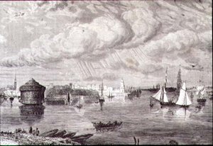 Port w Nowym Jorku w latach 60. XIX wieku (grawerowanie) autorstwa Paul (after) Huet