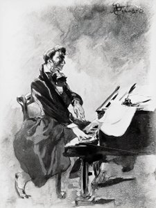 Kompozytor i pianista Fryderyk Chopin grający na fortepianie, Albert Besnard (1849-1934), akwarela autorstwa Paul Albert Besnard