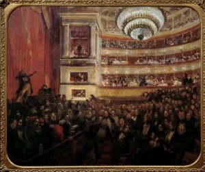 Premiera przedstawienia Hernani Premiere utworu „Hernani” Victora Hugo (1802-1885) w Komedii Francuskiej 25.02.1830. Obraz Paula Alberta Besnarda (1849-1934) XIX w. Niedz. 1,05x1,22 m Paryż, dom Victor Hugo