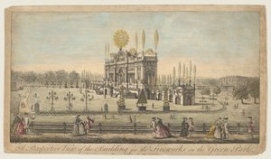 Widok perspektywiczny budynku dla fajerwerków w Green Park, Londyn, ca. 1749. autorstwa Paul Angier