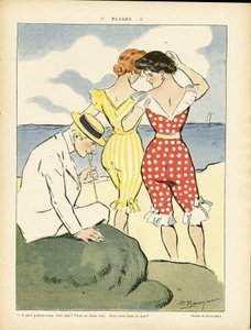 Ilustracja przedstawiająca Paula Balluriau (1860-1917) w Le Rire, 1.08.08 - Plaże - Wypoczynek, Miłość, Moda, Morskie wybrzeże morskie, Stroje kąpielowe autorstwa Paul Balluriau