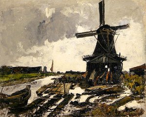 Holandia, Pejzaż kanałowy z wiatrakiem do drewna, ok. 1885 (olej na płótnie) autorstwa Paul Baum